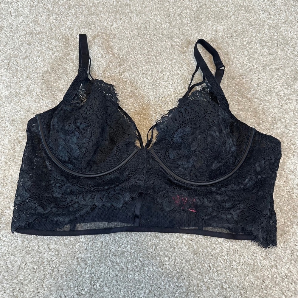 La Senza Black Lace Longline Underwire Bra Strappy Detail size XL